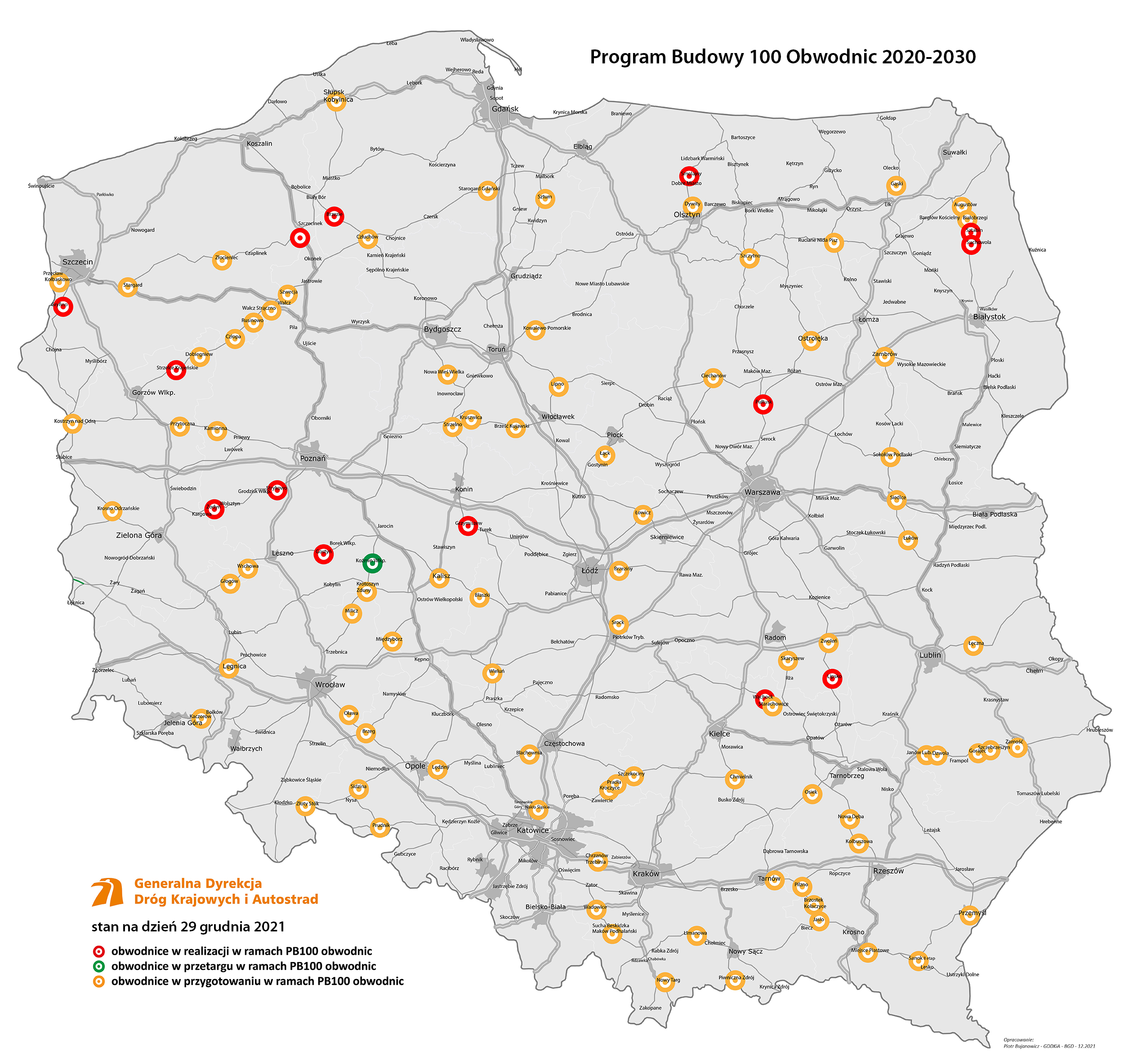 Polskie drogi - Budowa 100 obwodnic - mapa z aktualnym stanem realizacji na koniec grudnia 2021 roku
